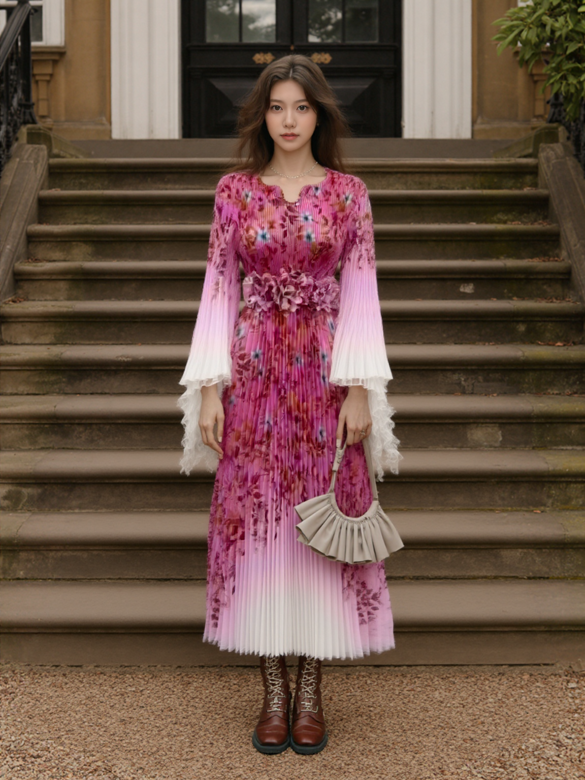 RY174# 跨境欧美非洲女设计感褶皱收腰立体花朵装饰喇叭袖连衣裙印花裙