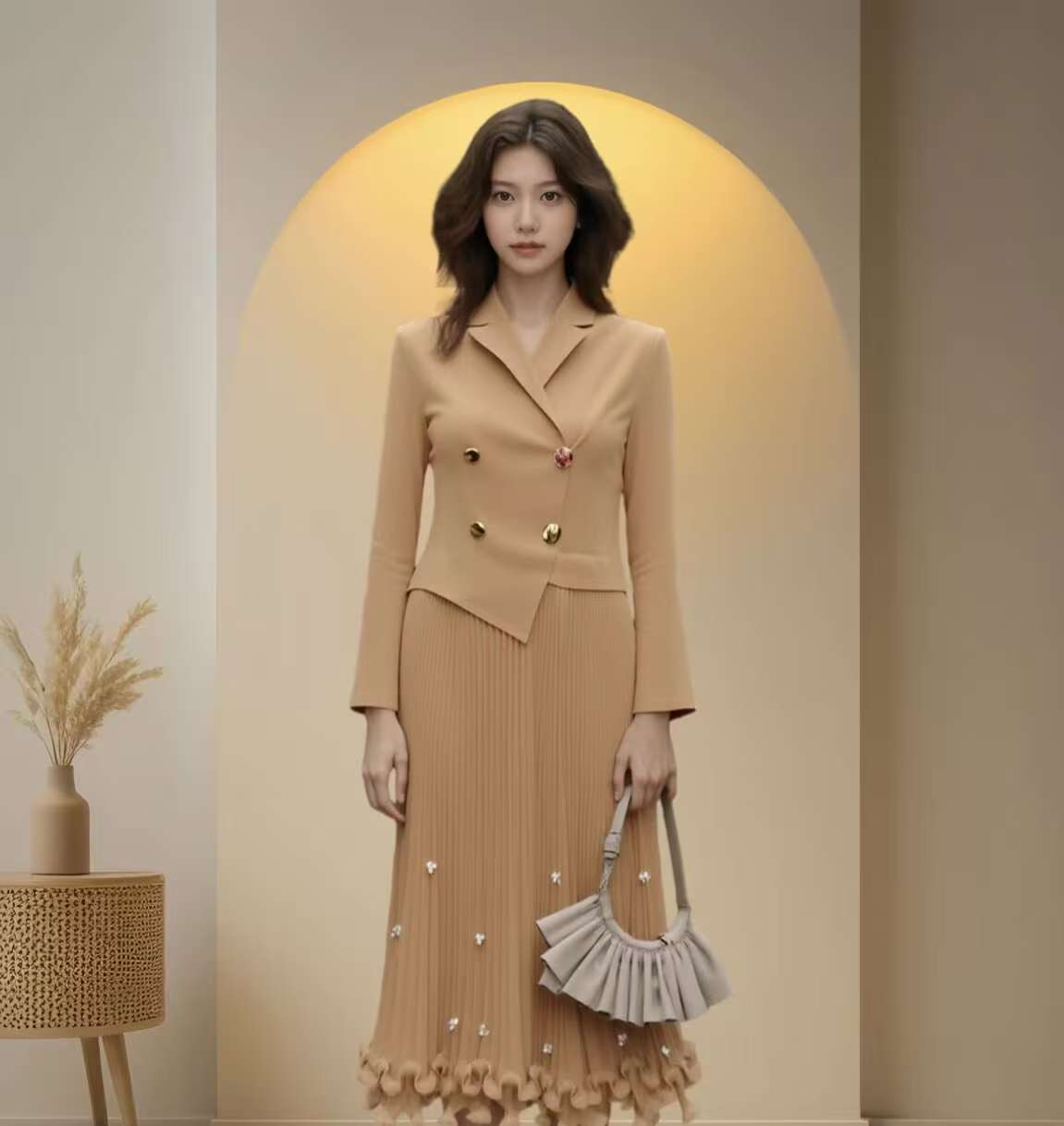 세 하우스 주름 드레스 2026 봄 새로운 프릴 비즈 박기 디자인 품격 허리 수축 슬림해 보이는 프랑스식 플리츠 스커트