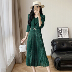 批发<b class='q'>欧洲站</b>2026年春新款时尚褶皱圆领拼接修身显瘦<b class='q'>连衣裙</b>中长款百褶裙