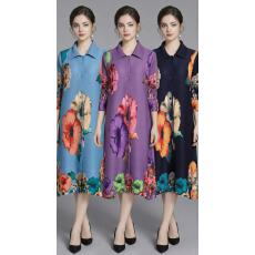 批发三宅2026新款时尚<b class='q'>大码</b>印花褶皱连衣裙洋气气质百搭显瘦中长A字裙