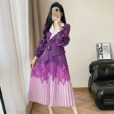 批发欧洲站2026新款时尚褶皱西装领拼接修身显瘦<b class='q'>连衣裙</b>中长款百褶裙