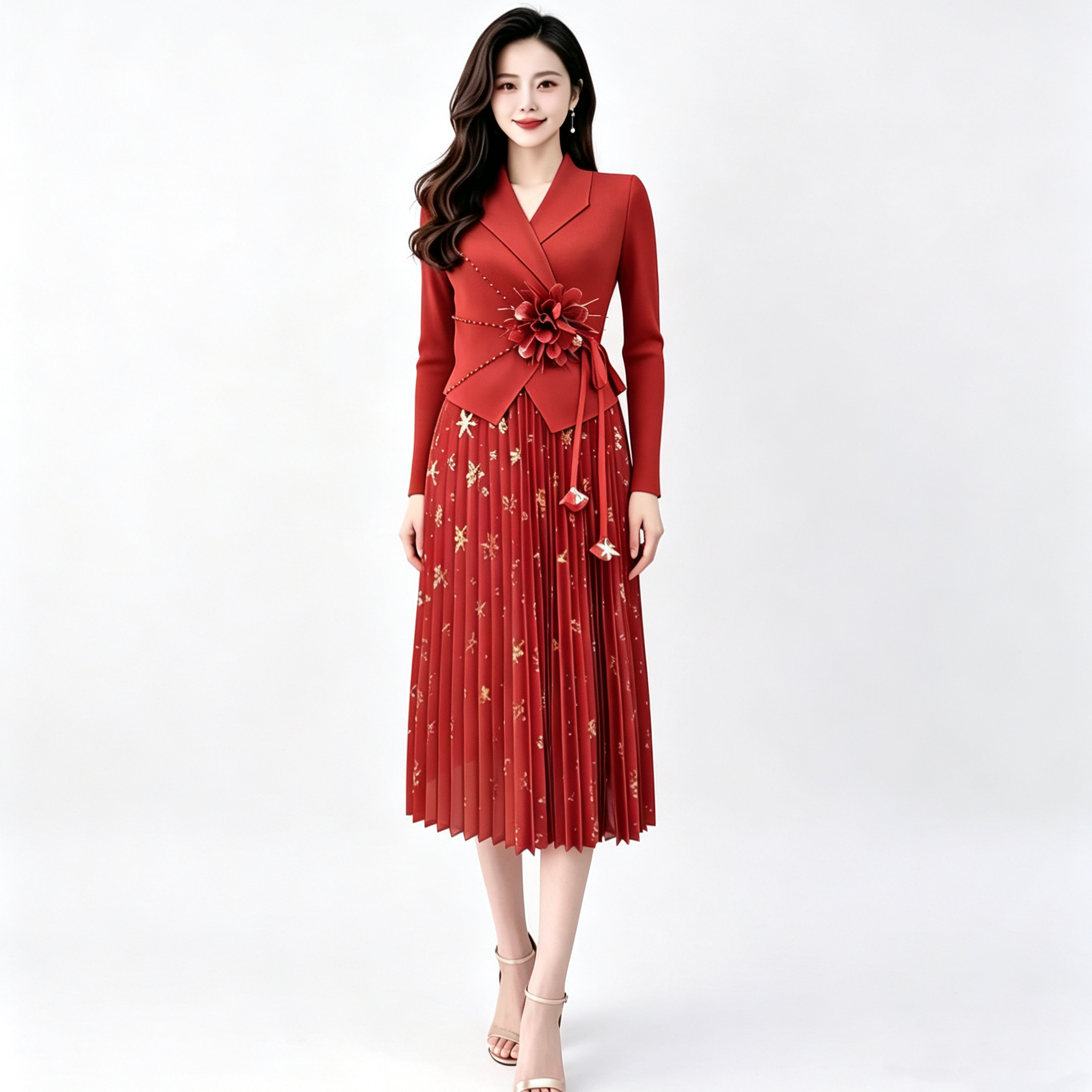 유럽 역 2026 여름 새로운 패션 주름 라운드 넥 패치워크 몸매 가꾸기 슬림해 보이는 드레스 중간 길이 플리츠 스커트