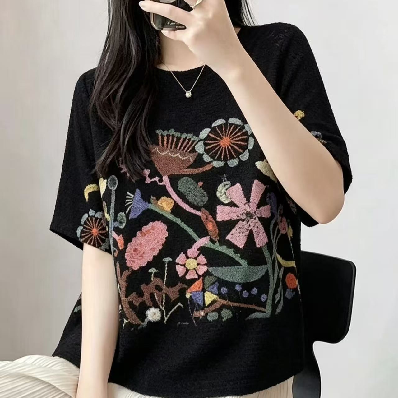 세 하우스 바람 무거운 작업 자수 주름 티셔츠 여성 여름 새로운 루즈핏 슬림해 보이는 빅 사이즈 다용도 연령 감소 맨위