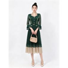 批发2026秋墨绿色<b class='q'>蕾丝</b><b class='q'>西装</b>领连衣裙七分喇叭袖收腰撞色百褶气质中长裙