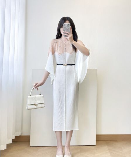 세 하우스 무거운 작업 핫픽스 플리츠 치마 대 나팔 소매 수신 벨트 몸매 가꾸기 표지 고기 연회 출퇴근 무릎 아래 드레스
