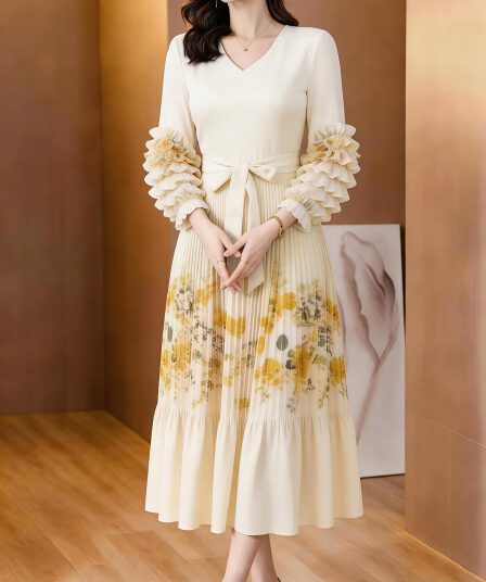 2026 가을 새로운 v 칼라 주름 프린트 망사 허리 수축 레이스업 연꽃 잎 소매 빛 럭셔리 슬림해 보이는 큰 진자 롱 스커트