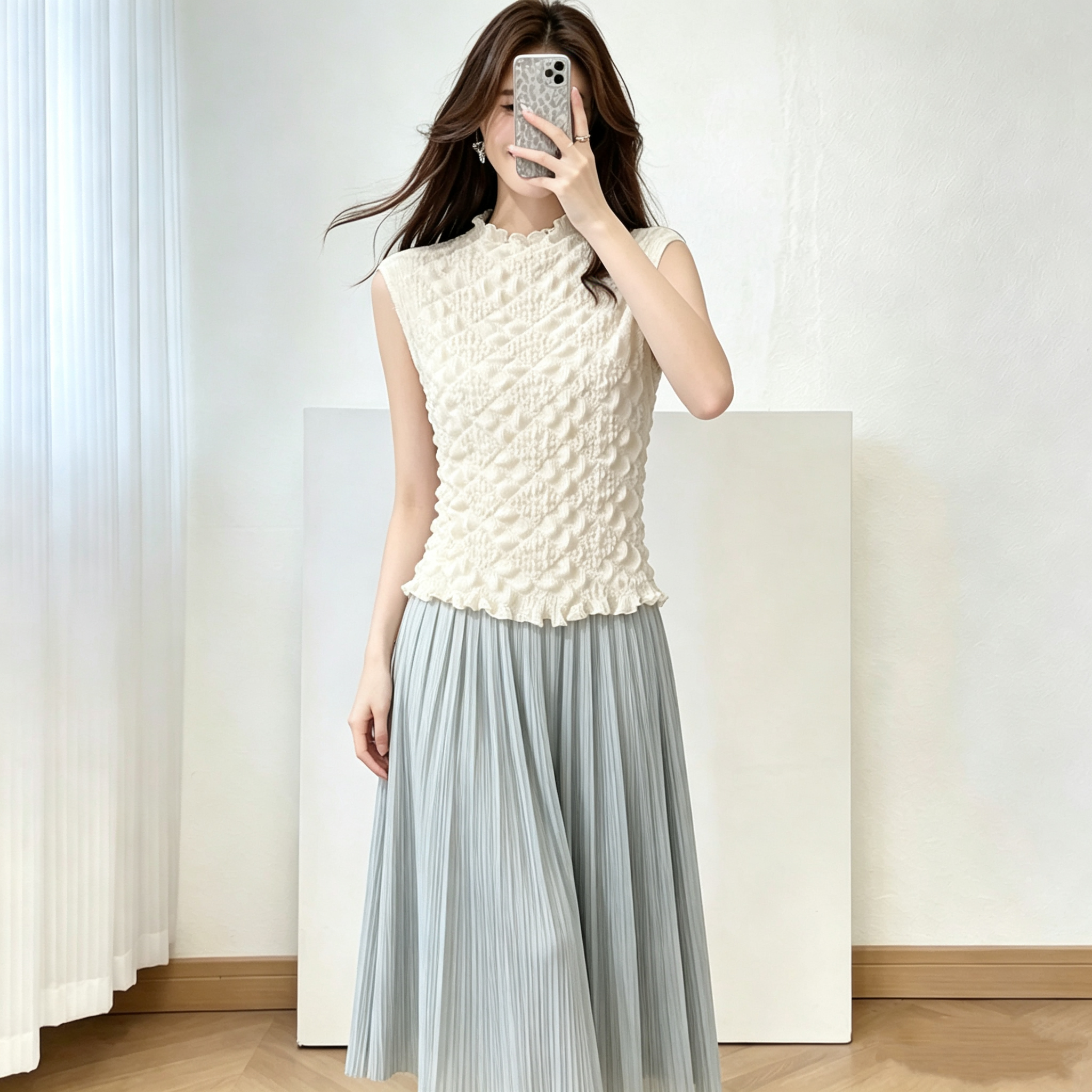 3 차원 버블 Pleat 조끼 여성 여름 새로운 곰팡이 고리 민소매 인사이드 가져 가라. 외출용 몸매 가꾸기 슬림해 보이는 맨위