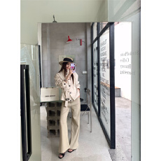 批发实拍实价~新款气质简约显瘦显高短款风衣外套+高腰显瘦长裤套装