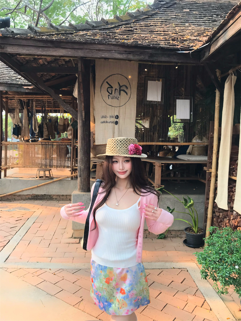 실사 정가 한 부서 순수한 욕망 핫걸 니트 오픈 가디건 캐미솔 투피스 세트 꽃 반신 치마 세트