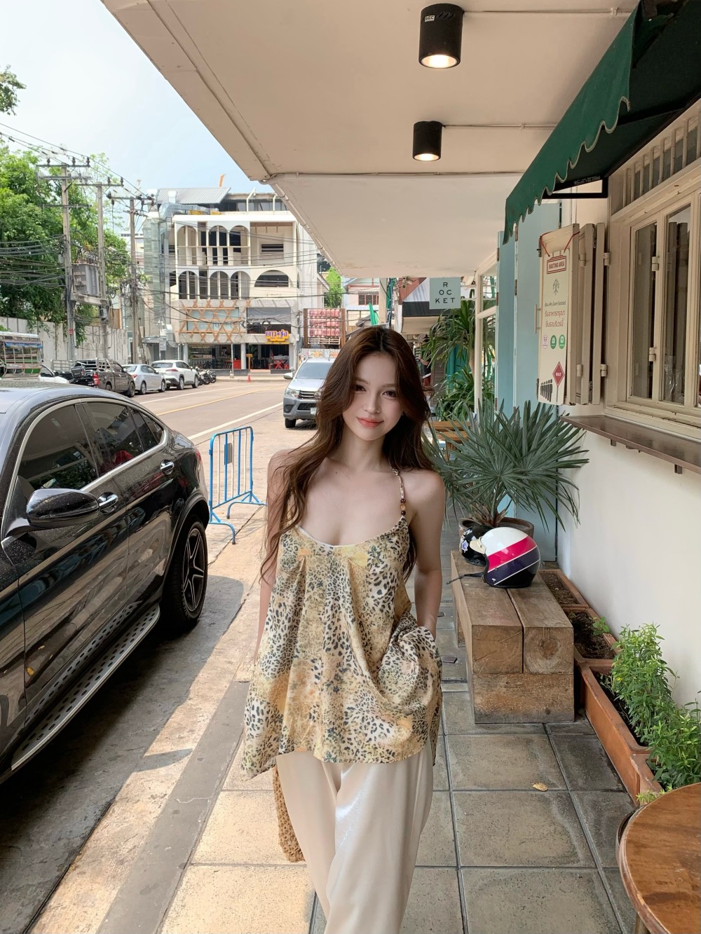 실사 정가 불규칙 레오파드 무늬 비즈 캐미솔 아세트산 와이드 레그 팬츠 오래된 돈 차가운 센스 긴 바지
