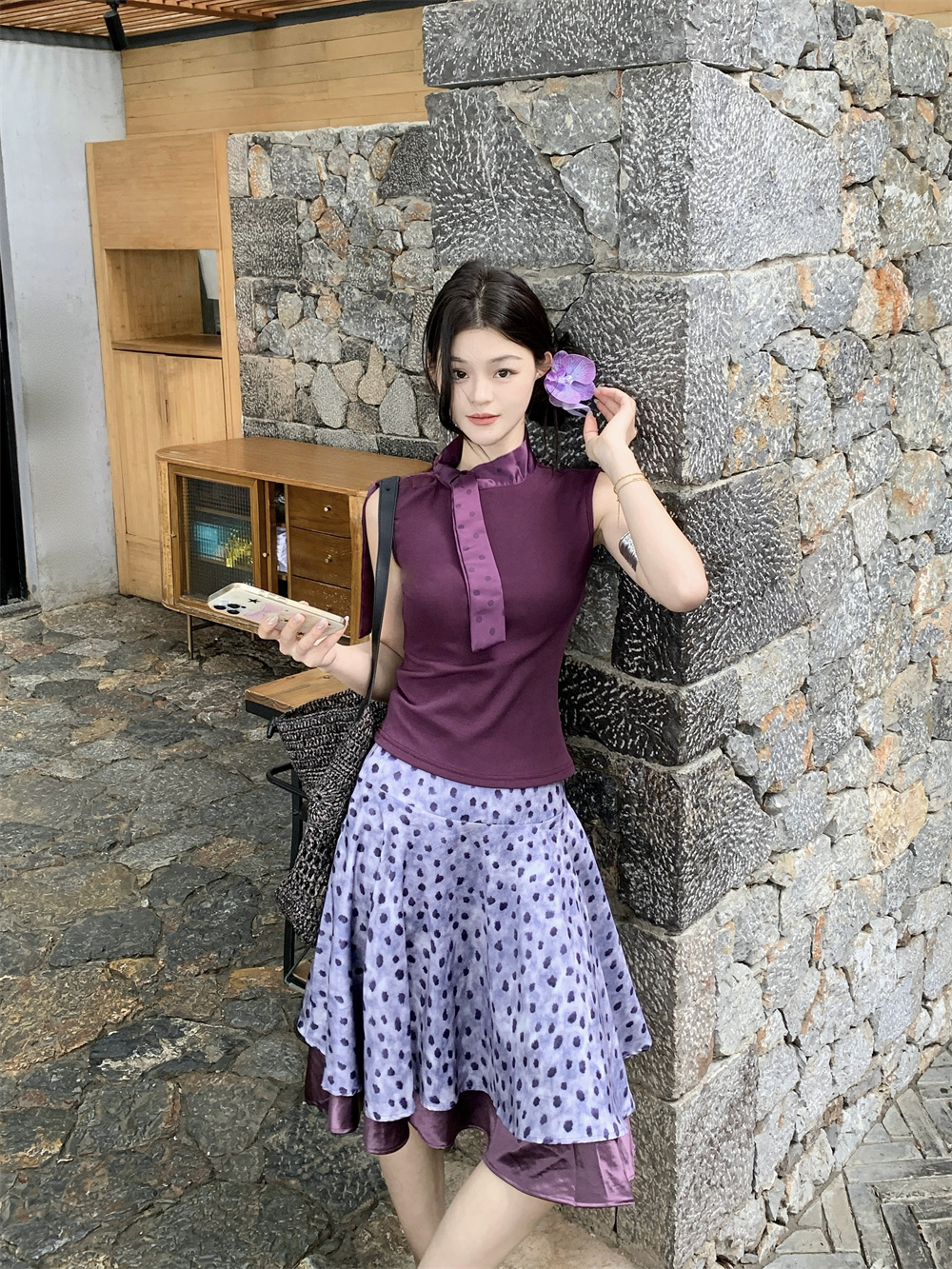 실사 정가 새틴 도트 무늬 패치워크 레이스업 민소매 티셔츠 이중층 새틴 패치워크 레트로 도트 무늬 반신 스커트
