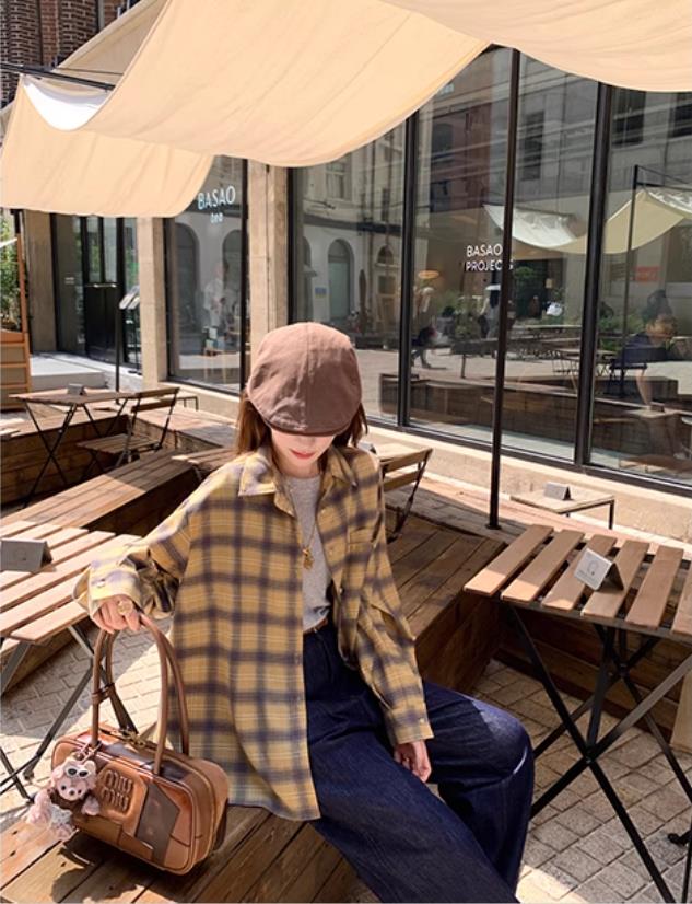 양 양 yangruoyu 밖으로 선택 일상 셔츠 체크무늬 폴로 칼라 셔츠 출퇴근 핀치 Pleat 긴팔 여성 셔츠