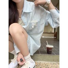 批发曾小咸 夏日气泡水 <b class='q'>韩版</b>蓝色薄款长袖防晒上衣女秋季度假微透衬衫