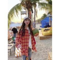 批发HTTAOSUP美式复古撞色红黄格子长袖<b class='q'>衬衫</b><b class='q'>男</b>女设计感痞帅风<b class='q'>衬衣</b>外套