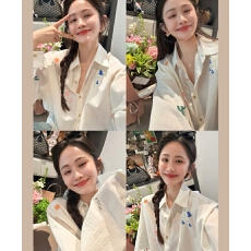 批发郑春花 原创小众 刺绣印花长袖<b class='q'>衬衫</b>女防晒薄款宽松竖<b class='q'>条纹</b><b class='q'>衬衣</b>百搭
