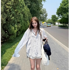 批发EEWEN LA MODE 水洗蓝条 亚麻混纺 男友风衬衫