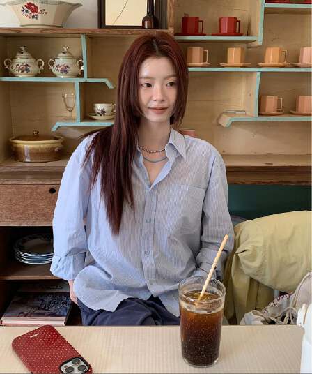 helloooeat 순면 얇고 가벼운 하늘색 스트라이프 셔츠 한국 스타일 루즈핏 캐주얼 싱글 줄 버튼 긴팔 맨위 여성