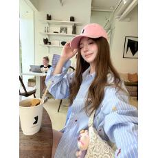 批发Ashy Snow<b class='q'>童</b>趣彩色小马刺绣蓝色条纹长袖宽松<b class='q'>衬衫</b>基础款落肩