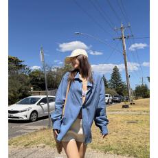 批发obliviate一忘皆空 蓝色天丝麻宽松衬衫女夏季复古休闲上衣外套