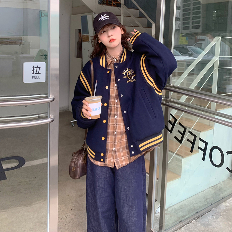 실사 모직 야구 유니폼 2025 새로운 면 의류 여성 짧은 학원 스타일 루즈핏 작은 키 아메리칸 면 옷 재킷