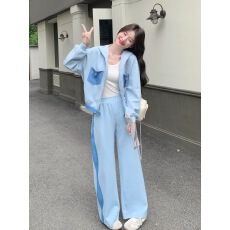 批发学院风蓝色休闲运动套装女秋2025<b class='q'>新款</b>韩版连帽开衫卫衣卫裤两件套