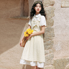 批发学院风法式假两件泡泡袖连衣裙女仙气超仙森系蝴蝶结黄色<b class='q'>衬衫</b>裙夏