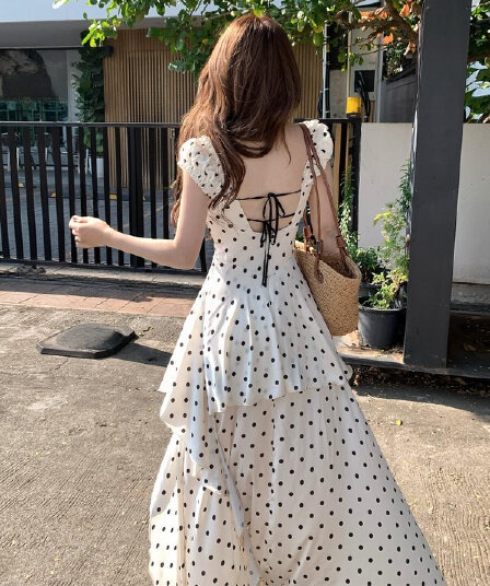 callmeear 불규칙 치마 프린트 드레스 디자인 센스 작은 대중 백리스 롱 스커트