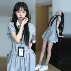 批发韩系学院风条纹<b class='q'>衬衫</b>连衣裙女夏新款高级感小个子收腰a字花苞裙子