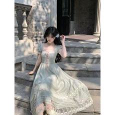 批发Blovelan青雾叠雪 气质方领褶皱层次感温柔风显瘦连衣裙公主长<b class='q'>裙</b>