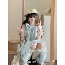 批发原版做法有内里<b class='q'>套装</b>裙女薄荷曼波风蝴蝶结挂脖上衣半身裙两件<b class='q'>套装</b>