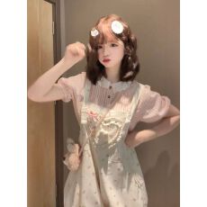 批发初夏日系甜美可爱风爱心大蝴蝶结背带卡通<b class='q'>裤</b>+粉色衬衫女两件套<b class='q'>装</b>