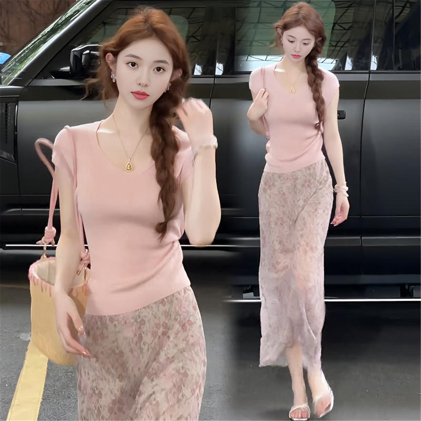 2026 새로운 밝은 여행 착용 가져 가라. 분말 색상 시스템 세트 치마 여름 몸매 가꾸기 슬림해 보이는 꽃무늬 롱 스커트 투피스 세트