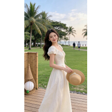 批发法式高级感白色短袖<b class='q'>连衣裙</b>子女夏季2026新款气质显瘦收腰a字长裙