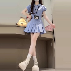 批发蓝色格纹衬衫连衣裙<b class='q'>女装</b>2026夏季爆款小个子收腰显瘦气质百褶短裙