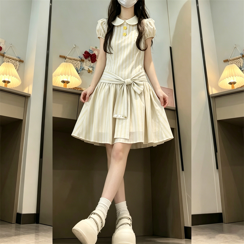 여름 새로운 프랑스식 달콤한 스타일 베이비 칼라 레이스업 소녀 바람 허리 수축 스트라이프 반팔 드레스