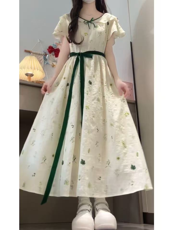 프랑스식 작은 날다 소매 녹색 꽃무늬 드레스 아이들 여름 2026 새로운 폭발 고유 한 아름다운 아름다운 롱 스커트