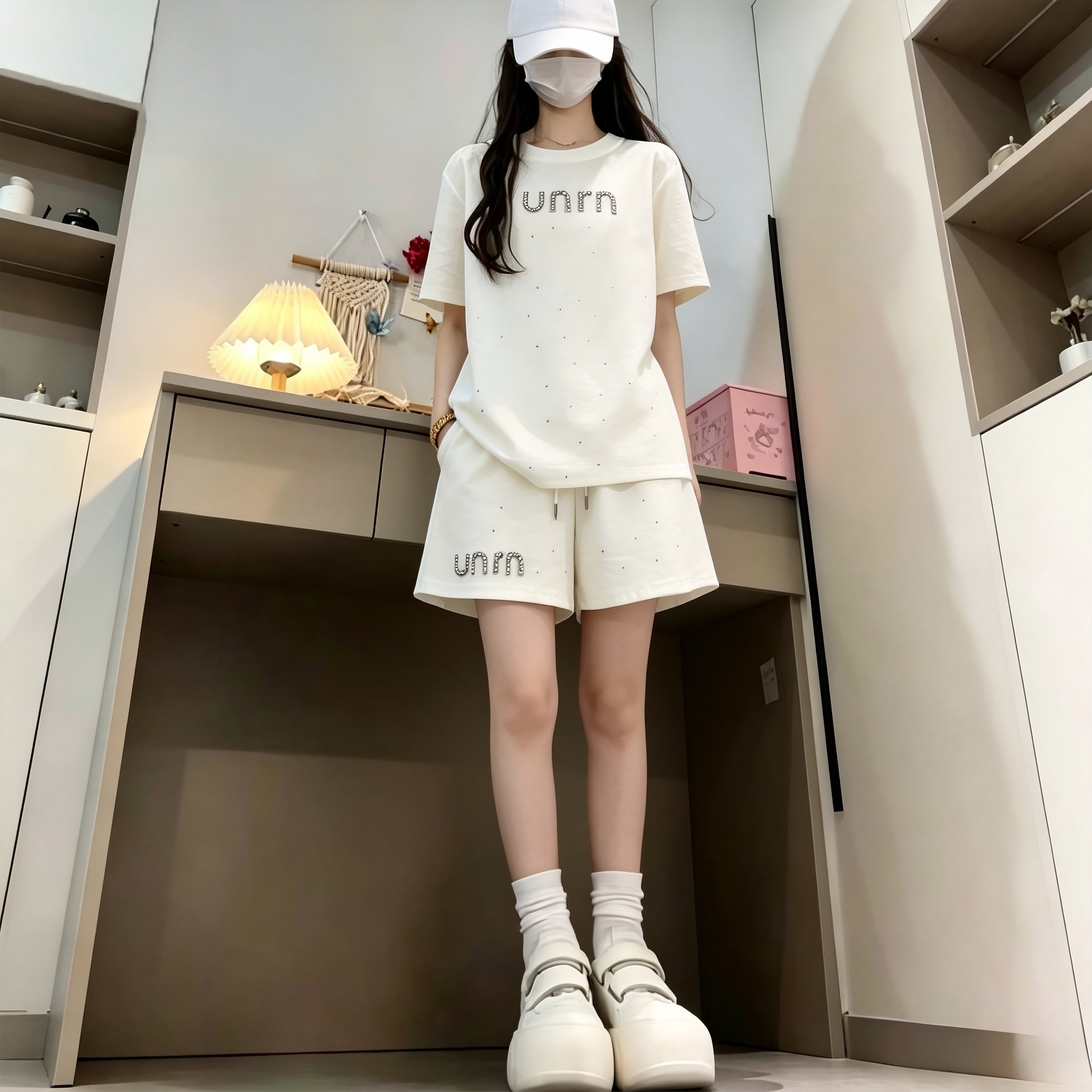 고급 센스 무거운 작업 알파벳 다이아몬드 세팅 캐주얼 세트 여성 2026 년 여름 패션 루즈핏 티셔츠 반바지 투피스 세트
