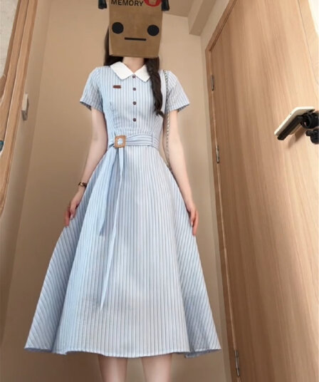 한 부서 폴로 칼라 파란색 체크무늬 여성 드레스 여름 해변가 휴가 치마 고급 센스 스트랩 허리 수축 품격 롱 스커트