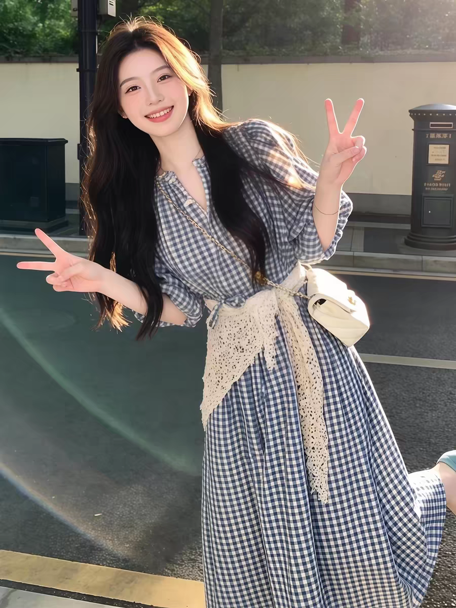 순수한 하얀 달빛 달콤한 스타일 파란색 체크무늬 여성 드레스 여름 일본식 미니멀리즘 학원 스타일 요정 치마