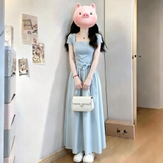 批发法式蓝色方领连衣<b class='q'>裙</b>子女2026新款夏季气质绝美高级感漂亮掐腰长<b class='q'>裙</b>