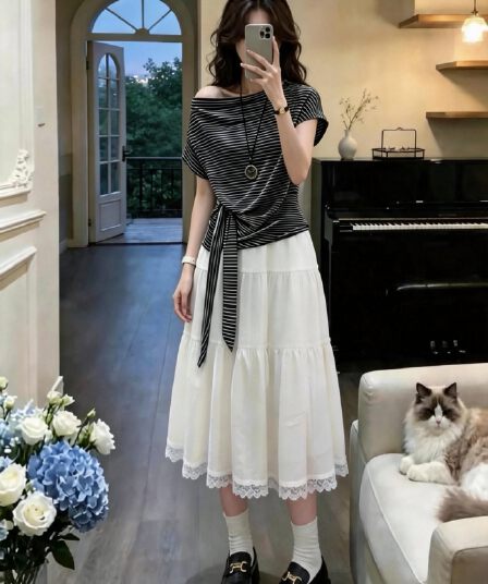 여름 드레스 코디 전체 집합 고유 한 아름다운 다시 a 다시 바람의 소리 고급 센스 프랑스식 패션 품격 점프 슈트 치마 세트