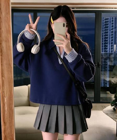새로운 가을 체크무늬 페이크 레이어드 패치워크 미니멀리즘 후드티 학원 스타일 풀오버 다용도 소녀 센스 여성 셔츠