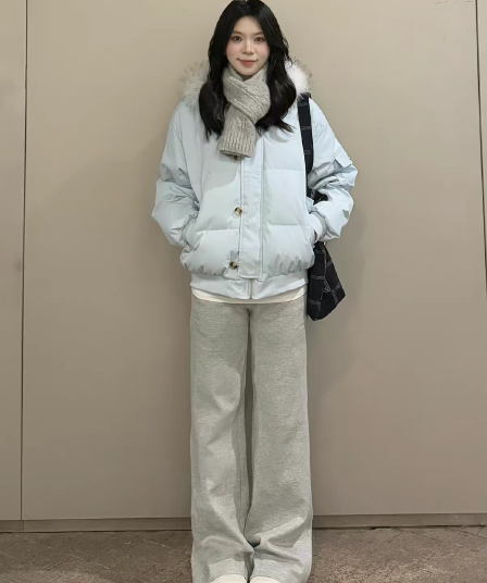 달콤함 부드러운 바람 파란색 후드 모피 칼라 면 의류 재킷 보온 다용도 캐주얼 두꺼운 루즈핏 느긋한 면 옷 트렌디