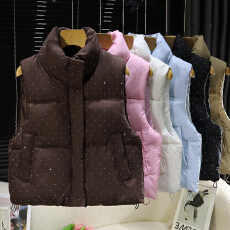 批发跨镜烫钻羽绒棉服马甲女秋冬新款韩版宽松棉坎肩棉服马夹背心外套