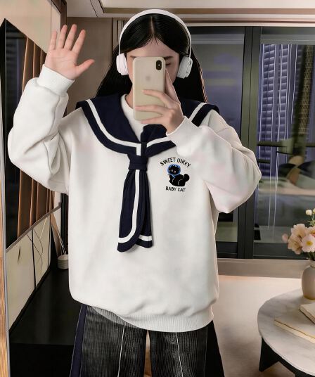 학원 스타일 해군 칼라 연령 감소 자수 고양이 후드티 여성 가을 한 부서 달콤함 우유 乖離 부드러운 자매 바람 긴팔 맨위