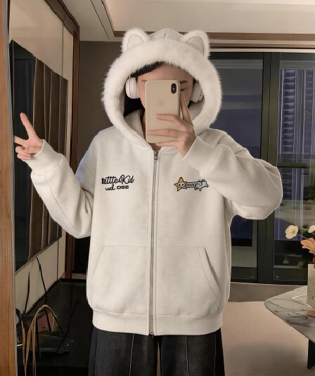 아메리칸 레트로 재미있는 모피 칼라 고양이 귀 후드 오픈 가디건 후드티 여성 열기 가을 겨울 2026 새로운 루즈핏 재킷