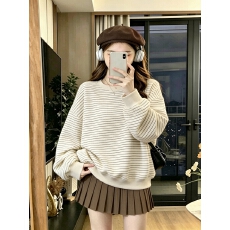 批发杏色美式复古条纹卫衣女秋冬季韩系慵懒风圆领套头上衣内搭打底衫