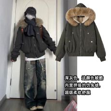 批发潮牌情侣派克服短款羽绒棉服仿兔毛大毛领连帽棉衣冬外套美式复古