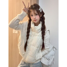 批发韩系甜美波点针织拼接长袖棉服外套女冬季宽松加厚短款保暖面包服