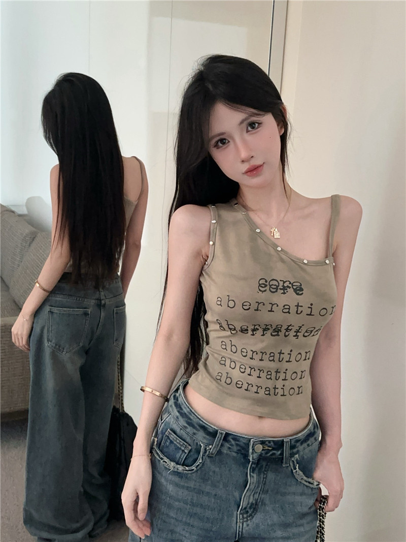 FA33762# 设计感辣妹斜肩不规则字母小众修身露肩吊带背心 服裝批發女裝批發服飾貨源